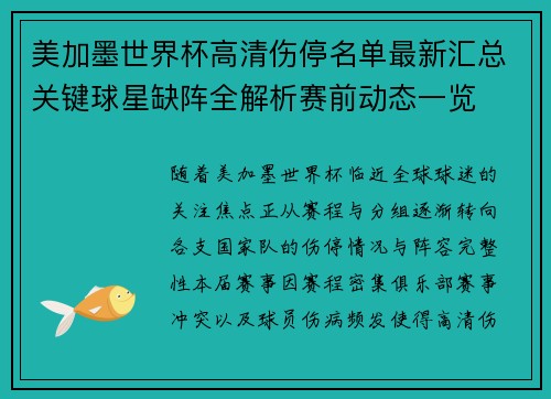 美加墨世界杯高清伤停名单最新汇总关键球星缺阵全解析赛前动态一览